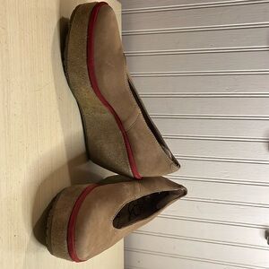 Fly London Suede Platform Wedge Heels Tan with Red Trim